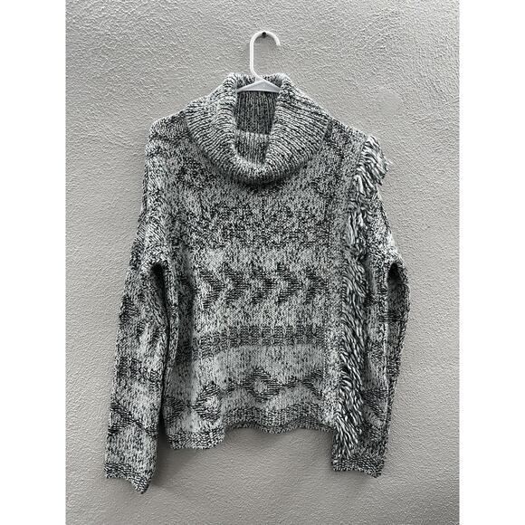 Lucky Brand Womens Sweater Size Medium Turtleneck Fringe Green White Pullover - Picture 1 of 12